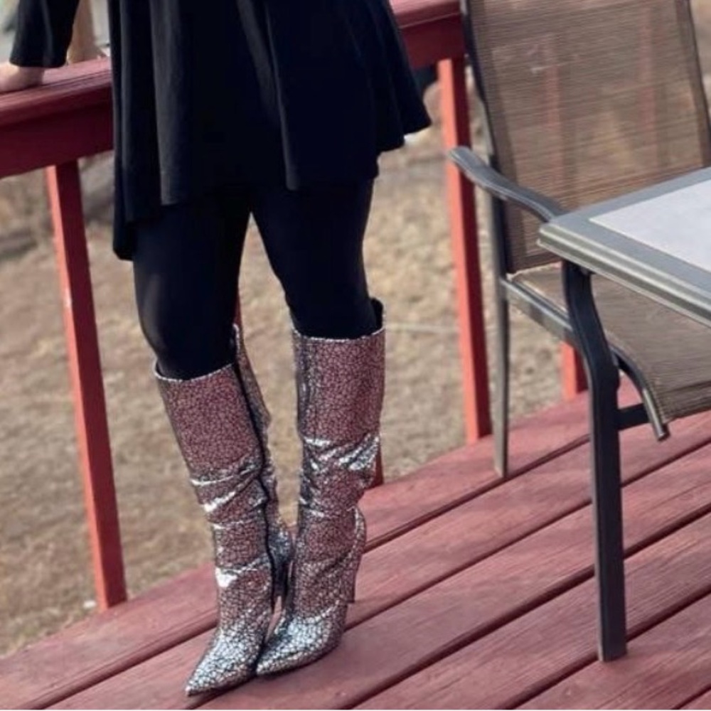 Metallic Silver Pointed-Toe Stiletto Knee Boot - Women